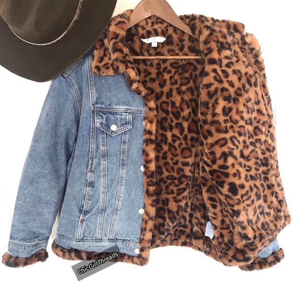 Oversize Denim Jacket Leopard Faux Fur - Picture 9 of 14